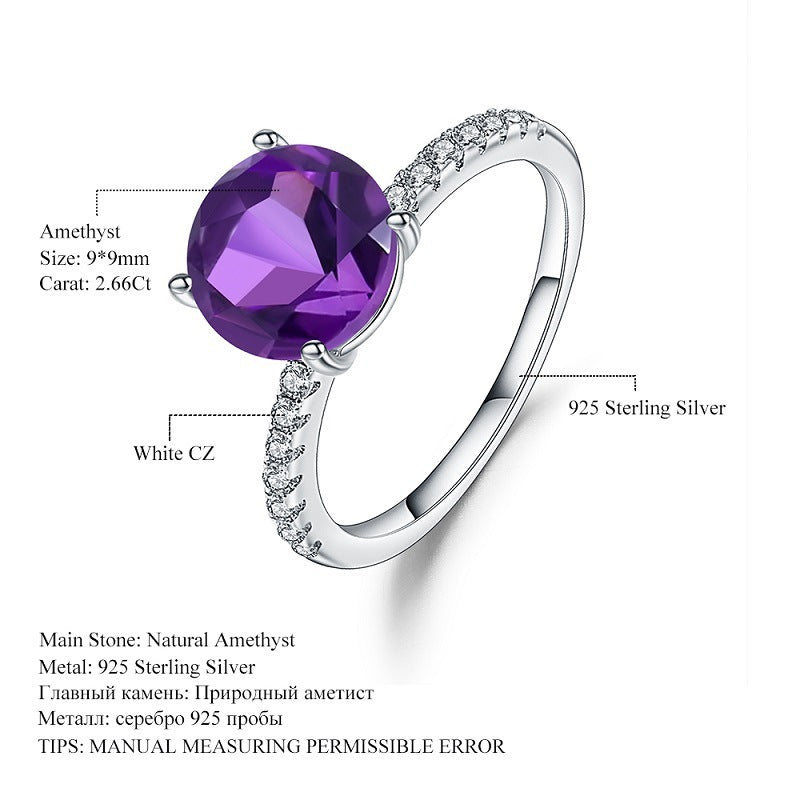 Fashionable Light Luxury Personality Gemstone Ring Seiko Inlaid with Natural Gemstone Amethyst s925Silver Rings Wholesale