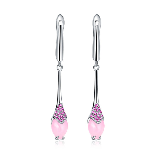 Italian Craft Jewelry Designer Long Earrings Advanced Sense925Silver Inlaid Pink Chalcedony Earrings