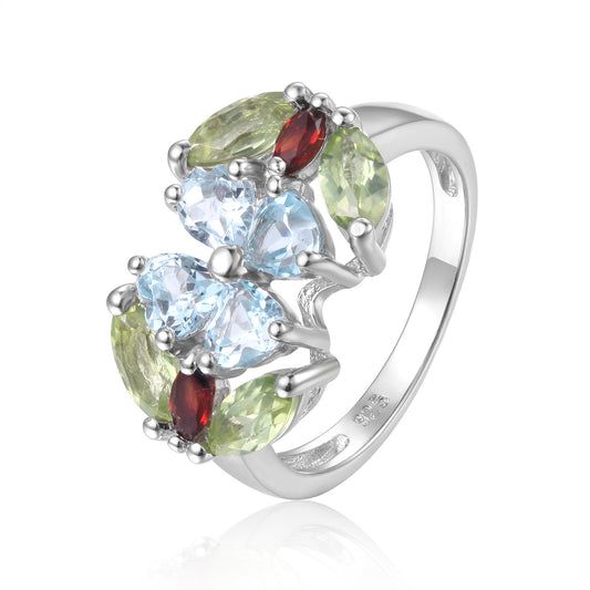 2025Unique Ring Natural Colorful Gemstone Mixed Ring s925Sterling Silver Inlaid Black Garnet Ring for Women