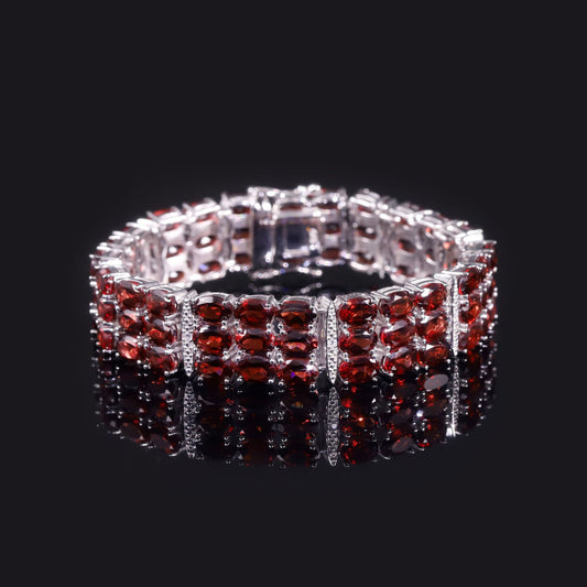 Elegant graceful s925Sterling Silver Inlaid Natural Garnet Bracelet Three Rows Heavy Craft Luxurious Gemstone Bracelet for Women