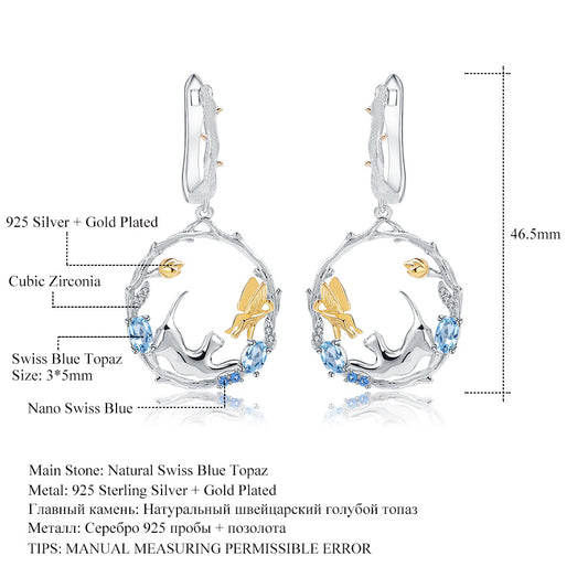Designer Inlaid Gemstone National Style Earrings Natural Style Animal Design925Silver Topaz Stud Earrings