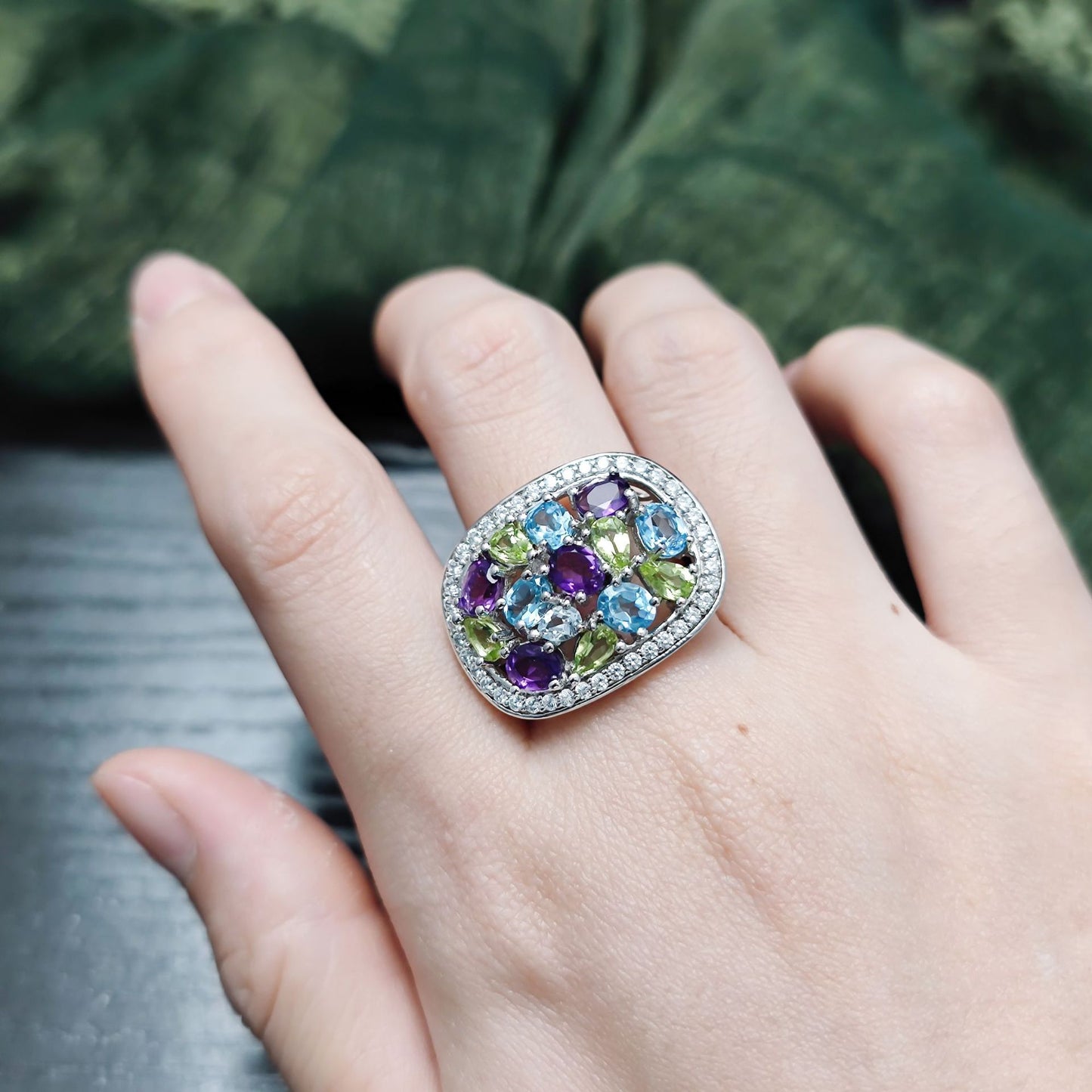 Exaggerated Large Ring Luxurious Cluster Inlaid Natural Topaz Ring s925Sterling Silver Rainbow Gemstone Ring