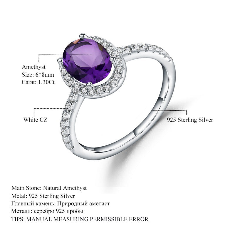 Factory Direct Supply New Style Personalized Light Luxury Ring for Women s925Sterling Silver Inlaid Natural Gemstone Amethyst Ring
