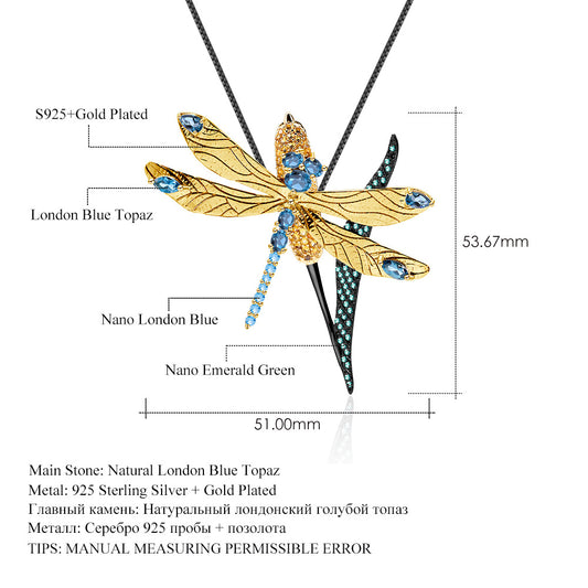 Designer Brooch Pendant Dual-use Dragonfly Design High-end Feel s925Sterling Silver Natural Topaz Necklace Pendant