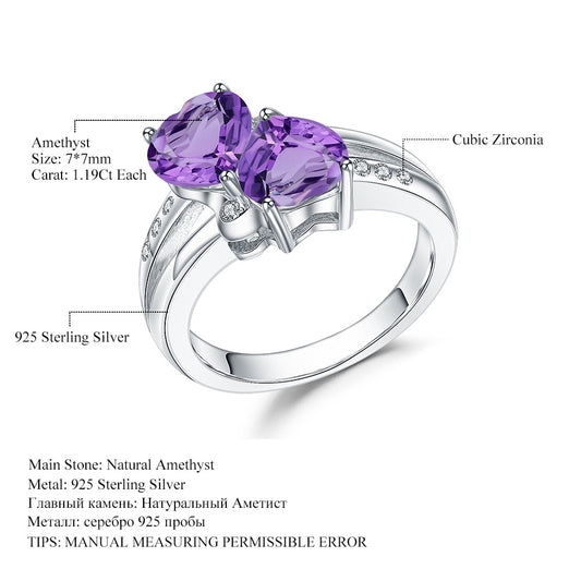 925Silver Heart-shaped Gemstone Ring Natural Amethyst Citrine Garnet Ring Supply
