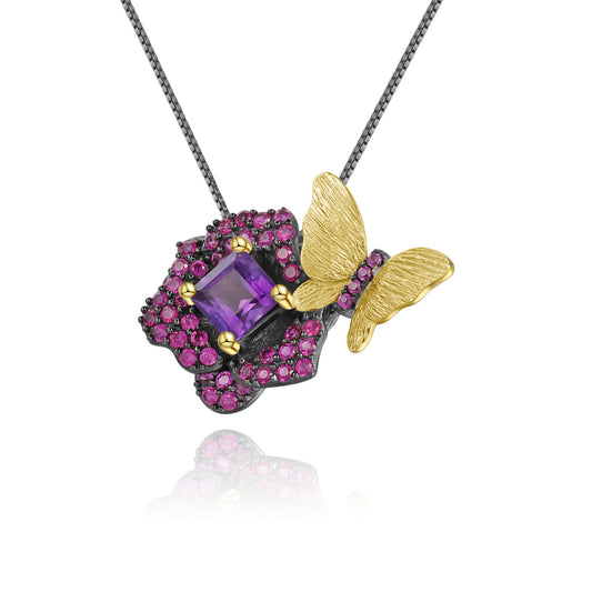 Designer Natural Amethyst Brooch Pendant Dual-use Natural Style Floral Butterfly s925Sterling Silver Gemstone Necklace