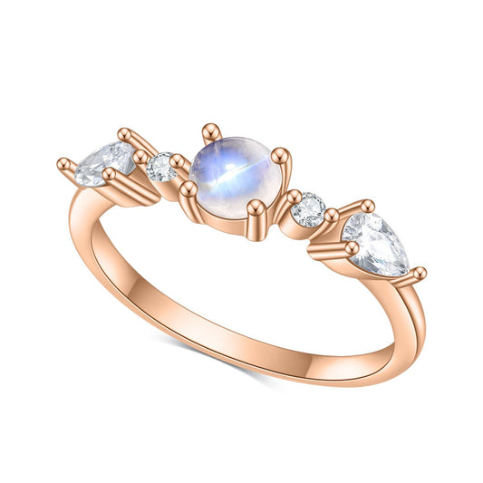 Fresh Natural Gemstone Ring Rose Gold s925Sterling Silver Inlaid Cream Blue Moonstone Ring Korean Style