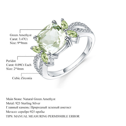 Luxurious Fashion Natural Green Amethyst Ring Sophisticated Design s925Sterling Silver Inlaid Natural Gemstone Ring