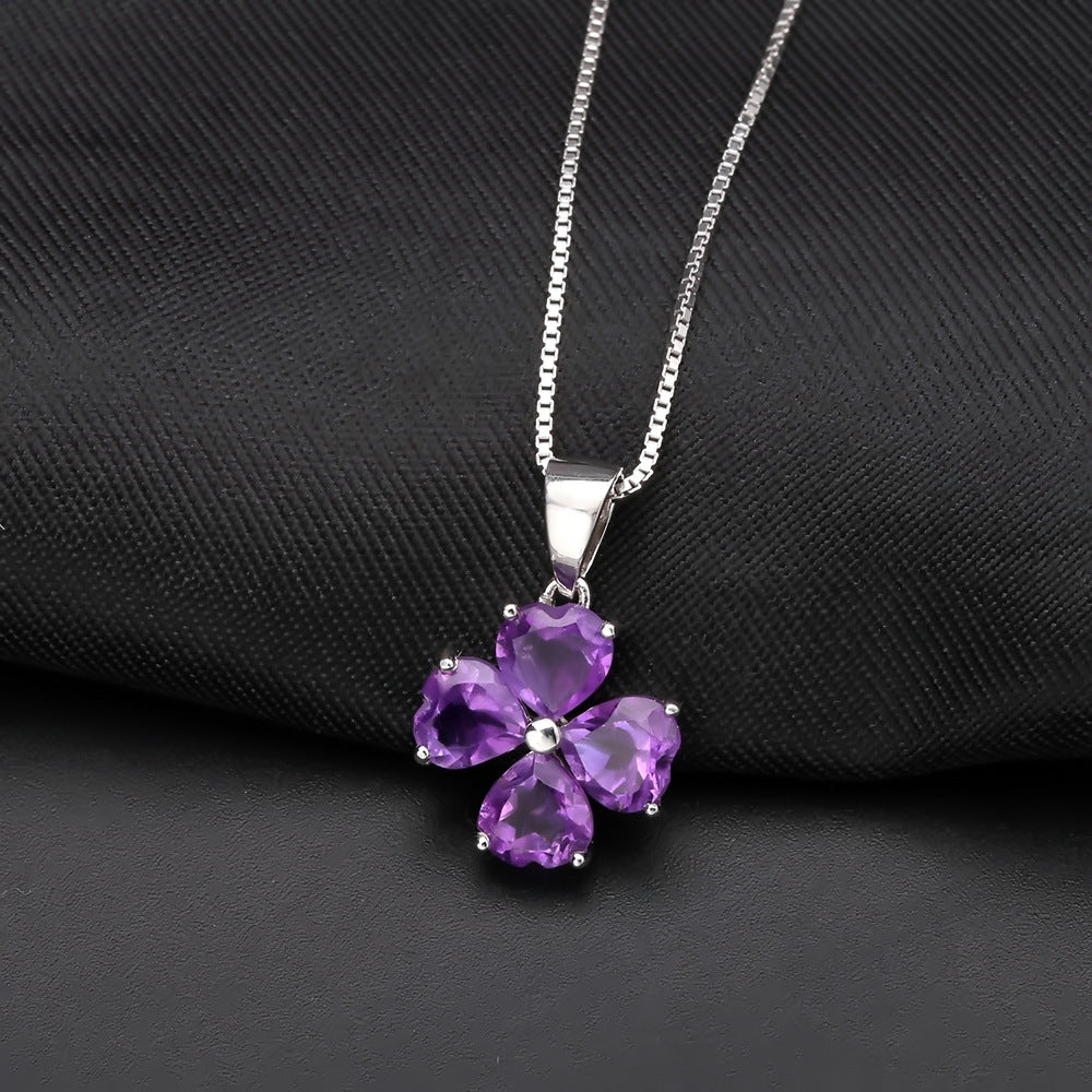 Natural Amethyst Heart Clover Necklace Topaz Pendant Unique Design925Silver Gemstone Necklace
