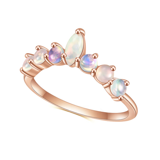 S925Sterling Silver Inlaid Natural Opal Ring Fashionable, Simple, and Luxurious V Rose Gold Gemstone Ring Set
